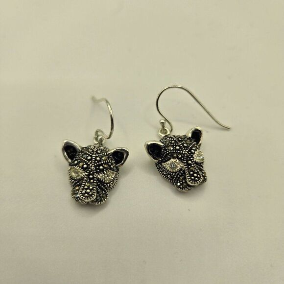 Panther Marcasite Head Dangle Earrings Black Sterling Silver 925 - Picture 2 of 5